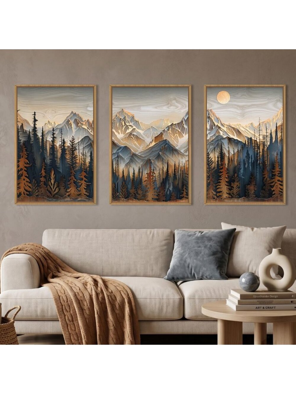 Rustic Pine Tree Mountain Framed Canvas Art Set - Nature Wall Decor, 3 Panels